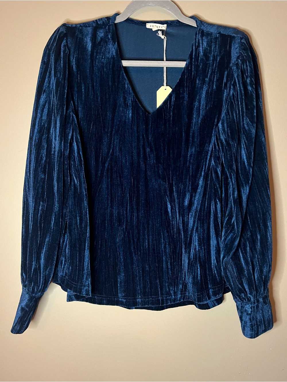 JODIFL Navy Velvet V-Neck Long Sleeve Blouse